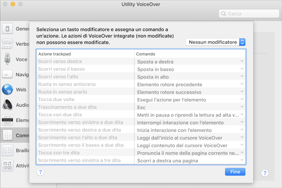 Un elenco delle azioni di VoiceOver e dei comandi corrispondenti mostrati nel Commander Trackpad in Utility VoiceOver.