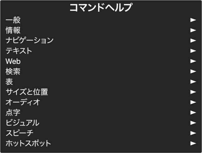 「コマンドヘルプ」メニューは、一般からホットスポットまでのコマンドカテゴリを一覧表示するパネルです。リスト内の各項目の右側にある矢印を使って、その項目のサブメニューにアクセスできます。