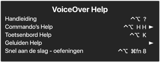 Het Help-menu van VoiceOver is een paneel waarop je van boven naar beneden ziet staan: 'Online Help', 'Commando's Help', 'Toetsenbord Help', 'Geluiden Help', 'Snel aan de slag - oefeningen', 'Aan de slag-handleiding'. Achter elk onderdeel staat het VoiceOver-commando waarmee je het onderdeel kunt weergeven of een pijl waarmee je een submenu kunt openen.