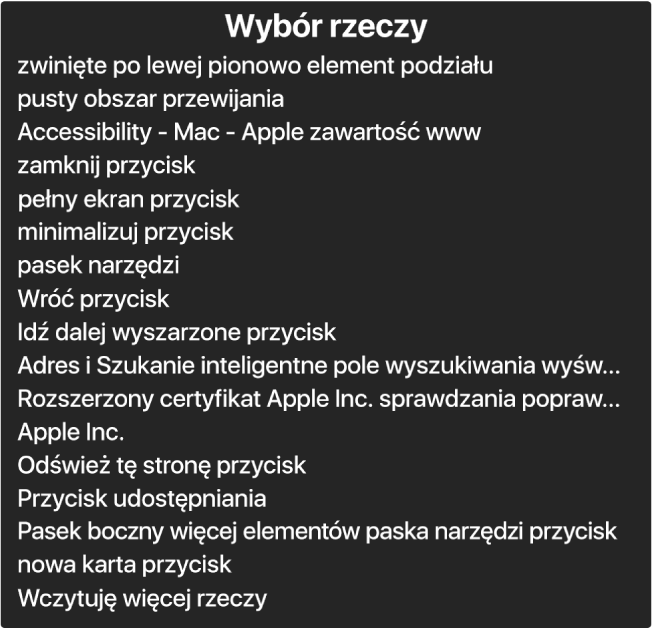 Menu wyboru rzeczy to panel zawierający listę takich elementów, jak puste pole przewijania, przycisk zamykania, pasek narzędzi i przycisk udostępniania.