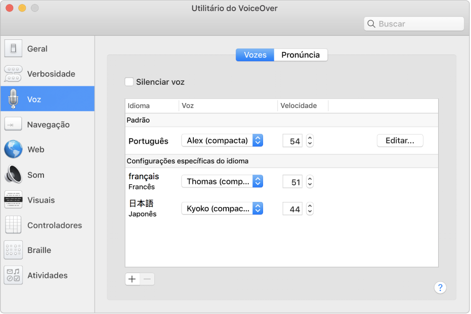 O painel Vozes do Utilitário do VoiceOver mostrando ajustes de voz para os idiomas inglês, francês e japonês.