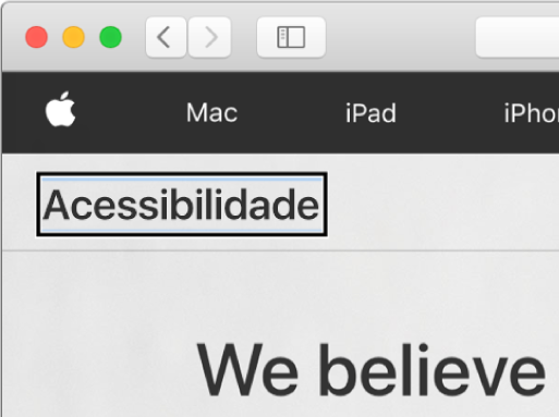 O cursor do VoiceOver (um contorno retangular escuro) com foco na palavra “Acessibilidade” na tela.