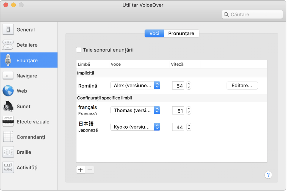 Panou Voci din Utilitarul VoiceOver, afișând configurările de voce pentru limbile engleză, franceză și japoneză.