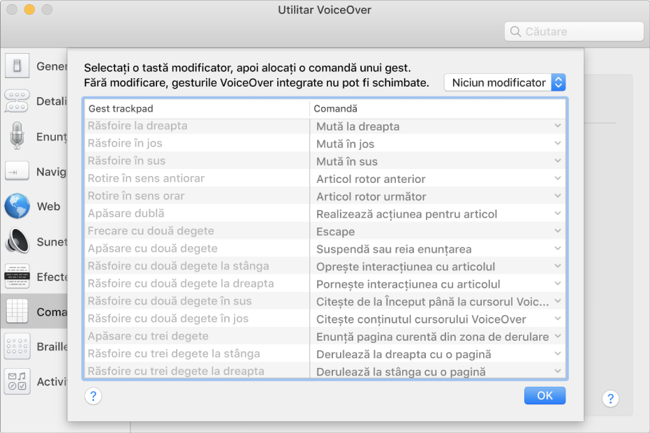 O listă a gesturilor și comenzilor VoiceOver afișată în Comandant trackpad, în Utilitar VoiceOver.