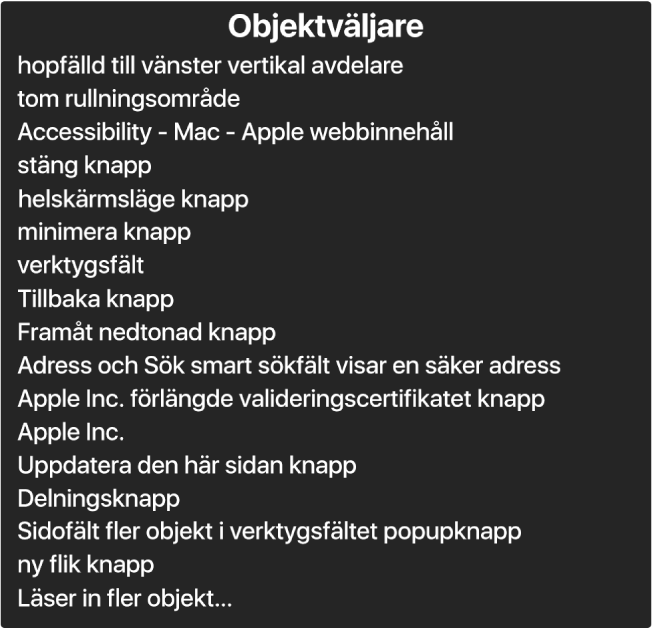 Objektväljaren är en panel med listor över objekt som tomt rullningsområde, stängningsknapp, verktygsfält och delningsknapp med flera.