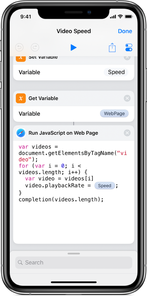 The shortcut editor showing a Run JavaScript on Web Page action containing a Magic Variable.