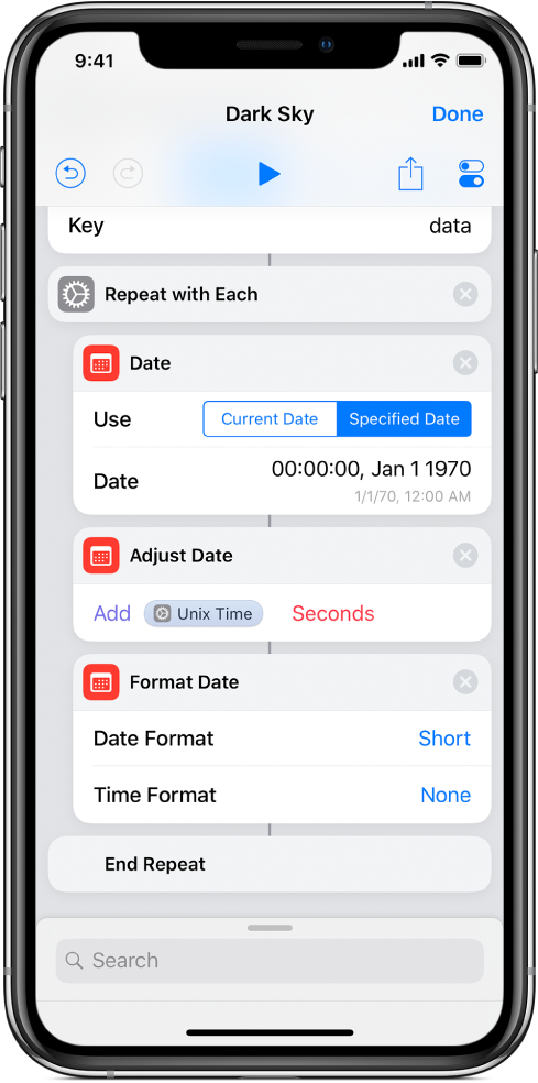 Shortcut with actions to translate UNIX time to a more human-friendly date format.