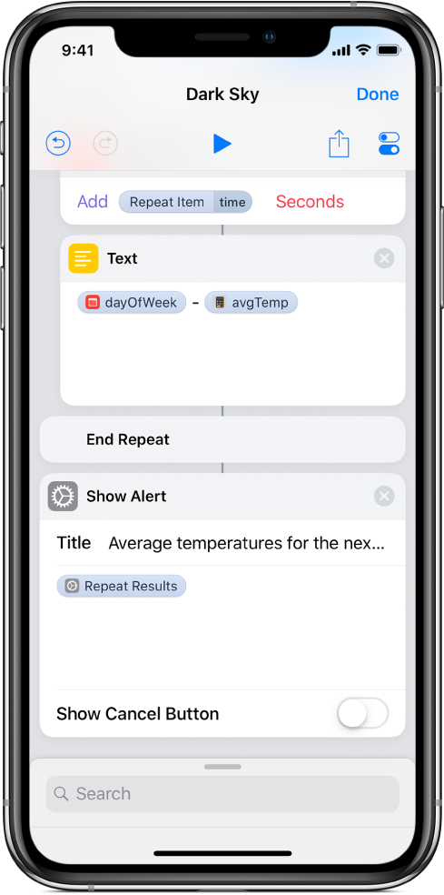 Show Alert action with a Repeat Results variable in the body of the alert’s message.