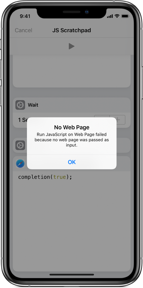 El editor de atajos mostrando un mensaje de error de “No hay página web”.