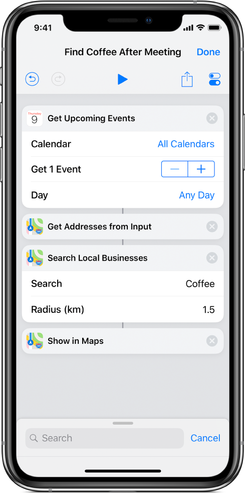 Editor de atajos que muestra un atajo para extraer direcciones de eventos y mostrarlas en la app Mapas.