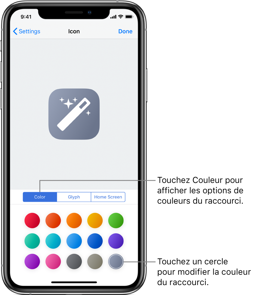 Écran de l’icône présentant les options de couleur de raccourci.