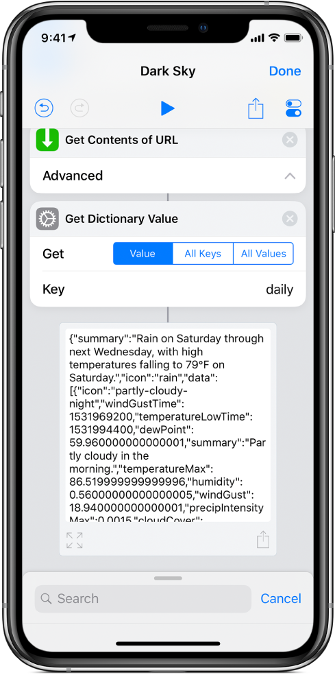 Action Obtenir la valeur du dictionnaire dans l’éditeur de raccourci avec la clé définie sur « daily ».