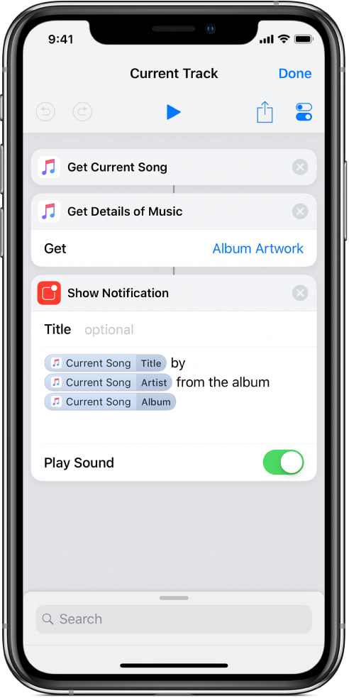 Action Afficher la notification dans l’éditeur de raccourci et alerte iTunes À l’écoute appelée par l’action Afficher la notification.