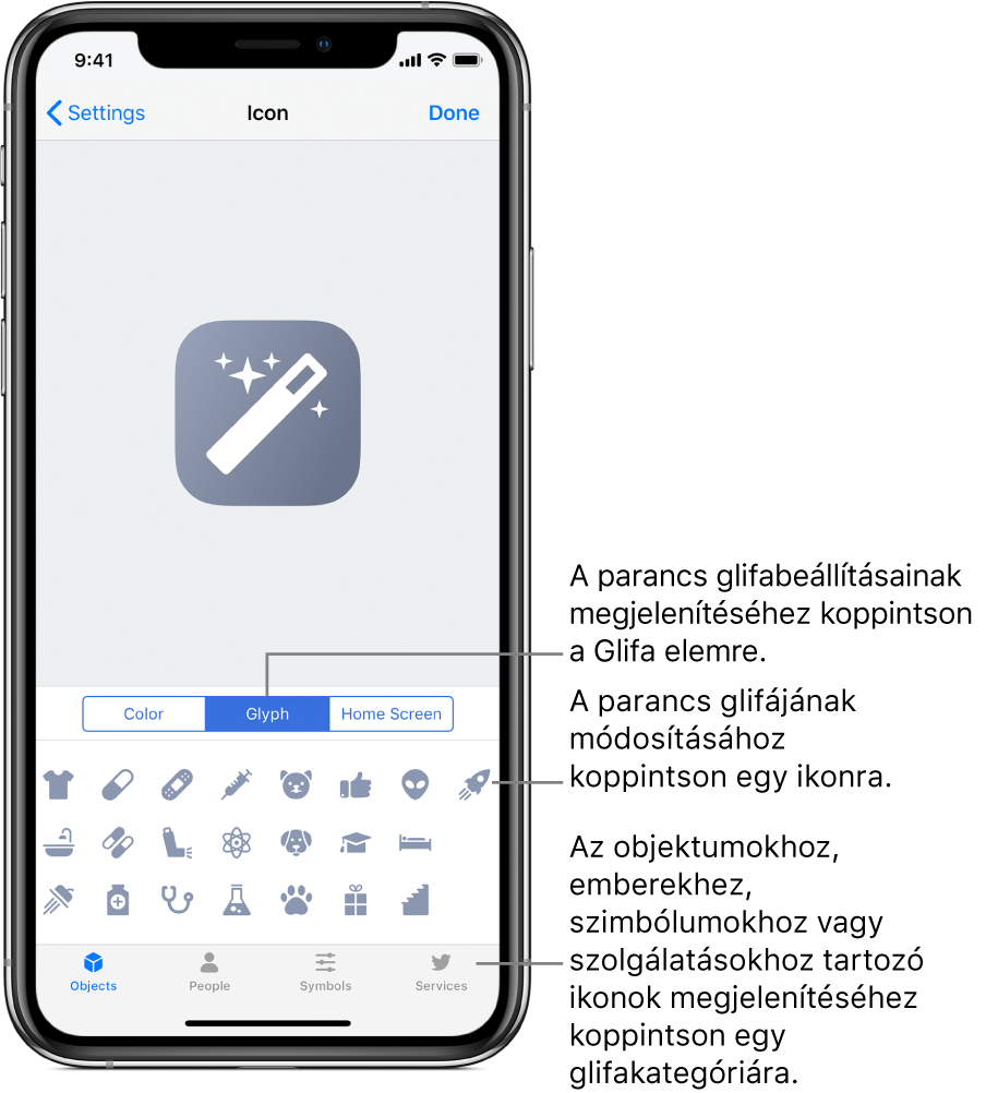 A parancs glifa beállításait ábrázoló Ikon képernyő.