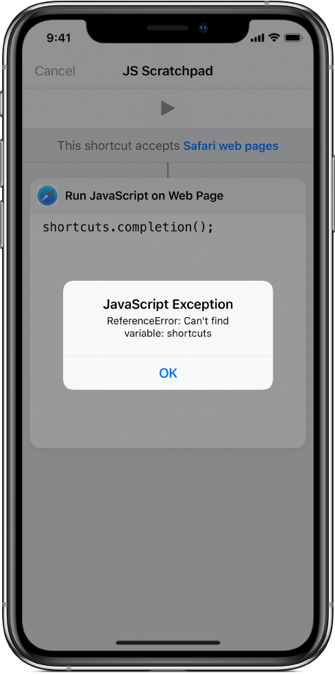 ‘JavaScript 예외’ 오류 메시지를 표시하는 단축어 편집기.
