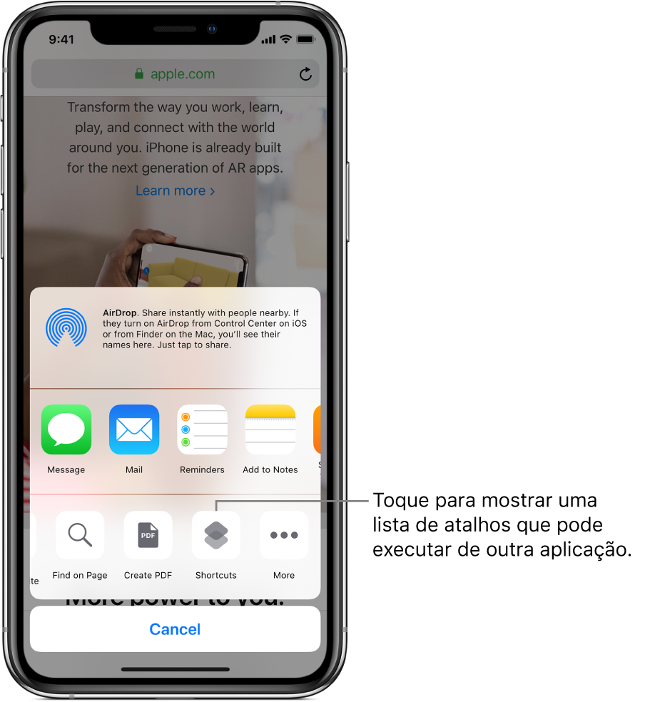 Botão Atalhos na folha de partilha da aplicação Safari.