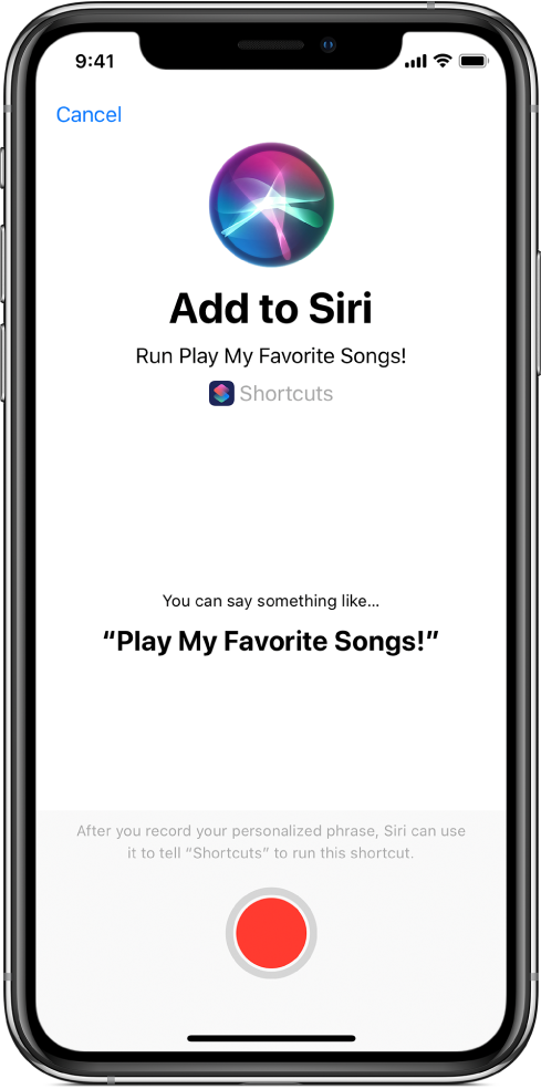 Экран «Добавить для Siri» с кнопкой записи.