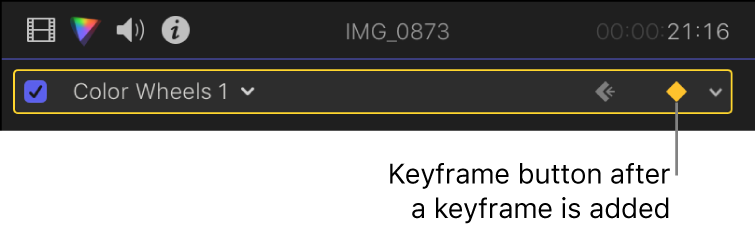 Die aktivierte Taste „Keyframe“ für den Effekt „Farbräder“ im Informationsfenster „Farbe“