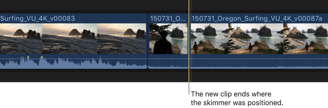 Der angezeigte neue Clip wird zur Timeline hinzugefügt, mit dem Endpunkt an der Skimmer-Position