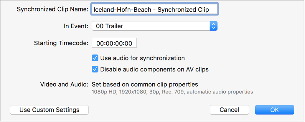 The automatic settings for syncing clips