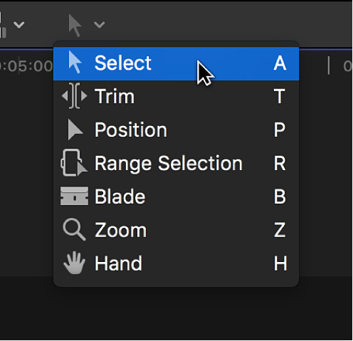 The Select tool in the Tools pop-up menu