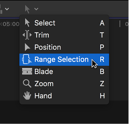 The Range Selection tool in the Tools pop-up menu