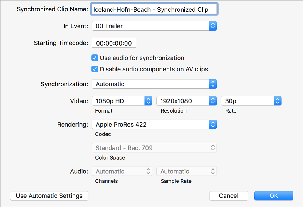 The custom settings for syncing clips