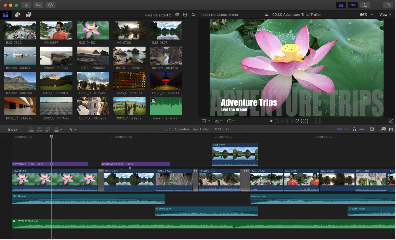 The Final Cut Pro window showing the browser, viewer, and timeline