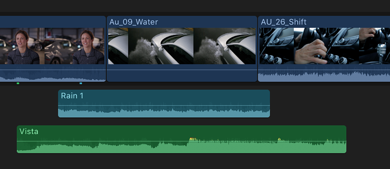 The timeline showing an audio clip and the audio portion of a video clip