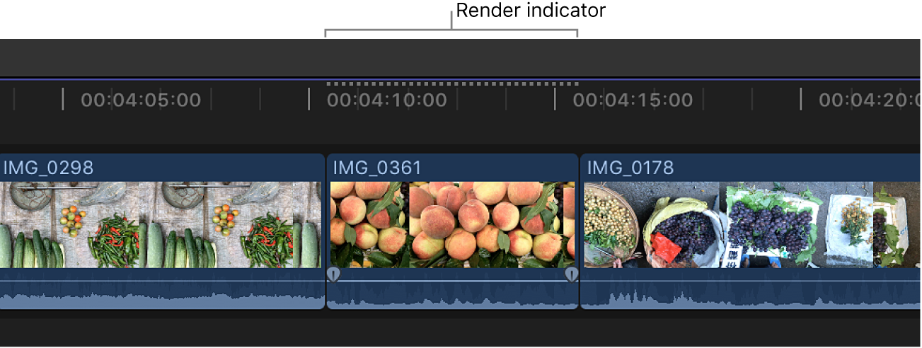Indicador de renderización punteado de color gris claro sobre un clip en la línea de tiempo