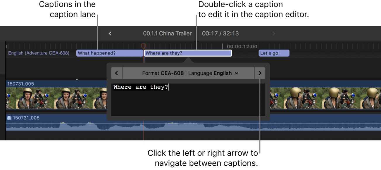 Tres subtítulos en la línea de subtítulos de la línea de tiempo, y el editor de subtítulos con el texto del subtítulo seleccionado