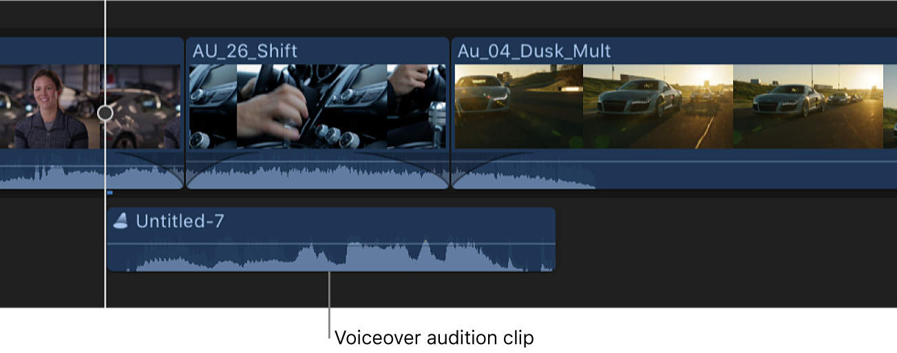 Línea de tiempo con un clip de audición creado a partir de varias tomas de voz en off