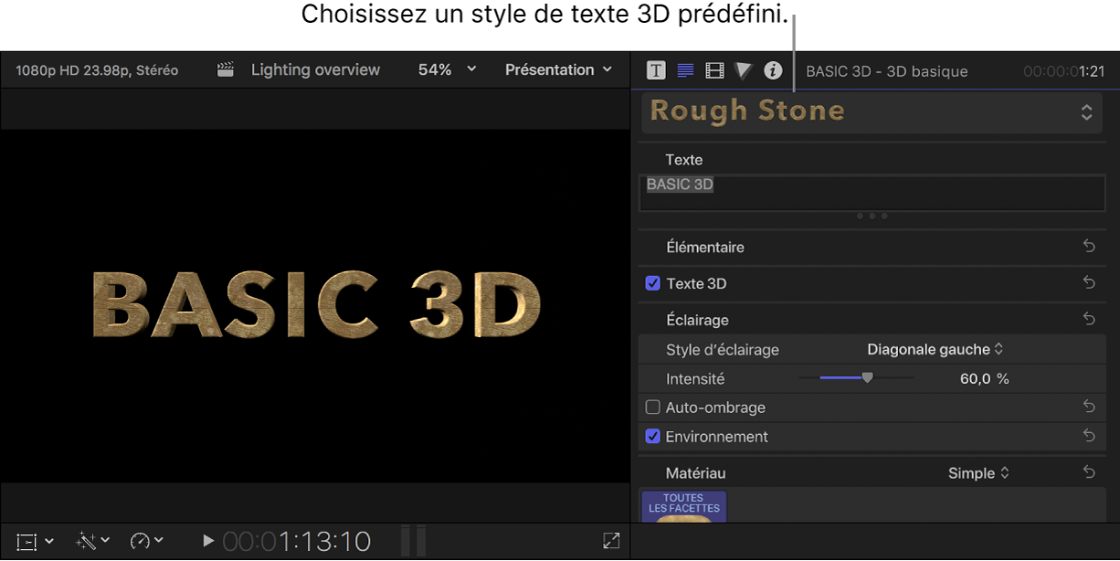Titre 3D dans le visualiseur avec style de texte prédéfini Pierre brute et réglages correspondants dans l’inspecteur de texte