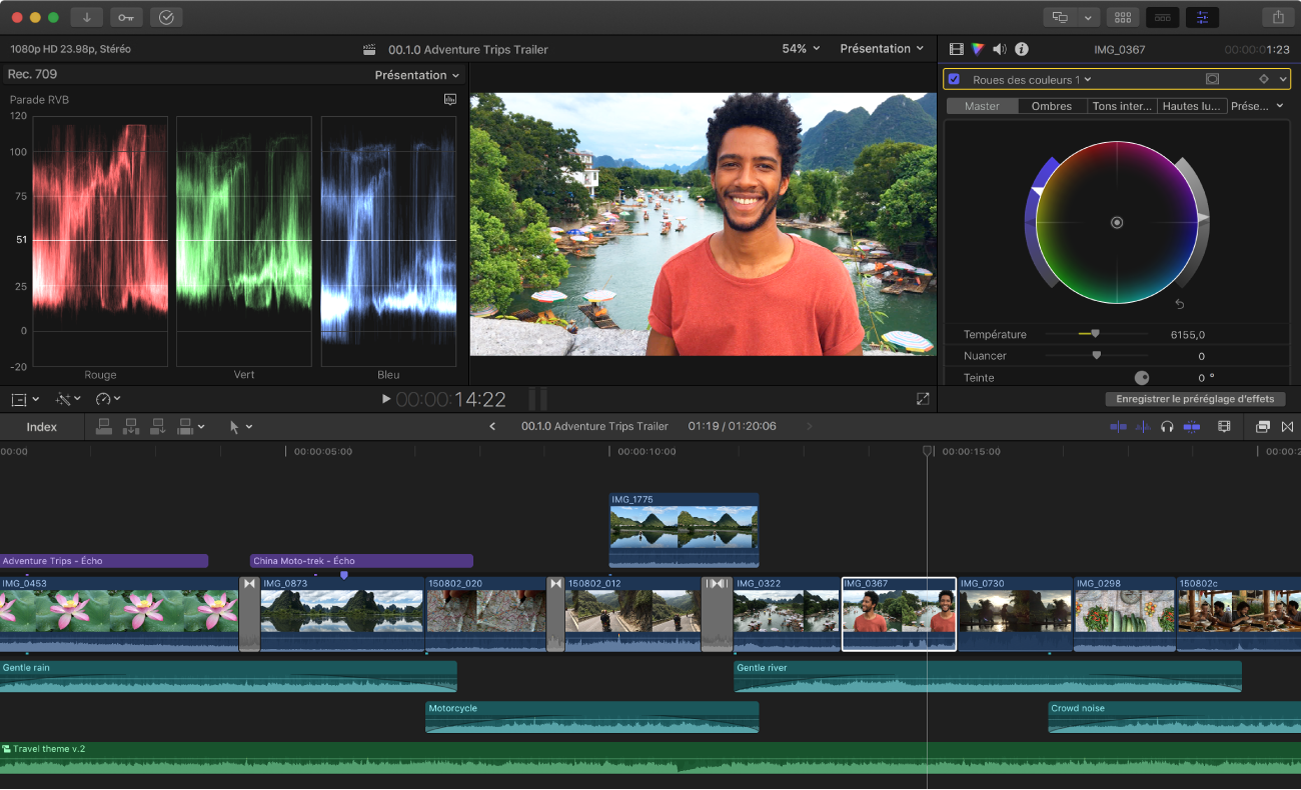 Capture d'écran de l'étalonnage sous Final Cut Pro X, le logiciel de montage vidéo