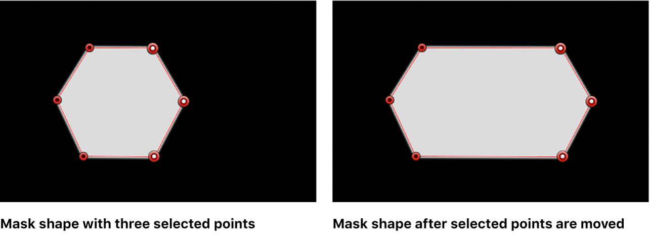 3つのコントロールポイントを右に移動する前と移動した後のマスクシェイプが表示されているビューア