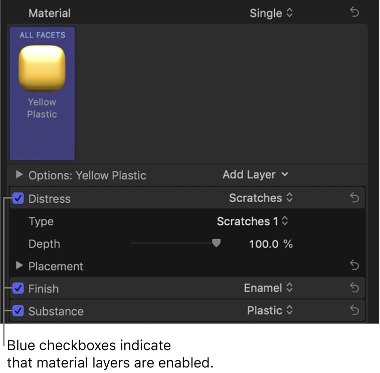「テキスト」インスペクタの「素材」セクション。チェックボックスが青いアクティブな素材レイヤーが表示されている