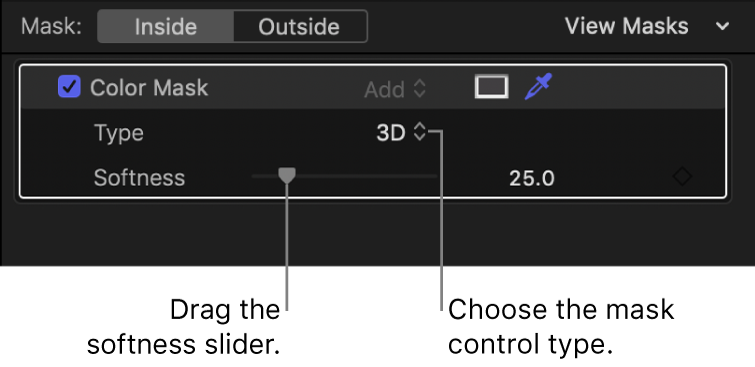 「タイプ」ポップアップメニューが「3D」に設定され、その下に「柔らかさ」スライダが表示された、インスペクタの「カラーマスク」セクション