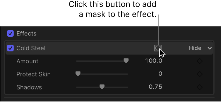 「ビデオ」インスペクタの「エフェクト」セクション。「エフェクトマスクを適用」ボタンが表示されている