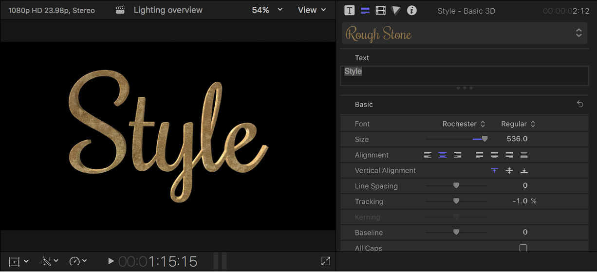 检视器中的 3D 字幕,采用文本检查器中显示的自定文本设置