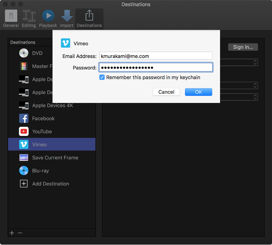 用于输入 Vimeo 帐户名称和密码（针对 Vimeo 目的位置）的窗口