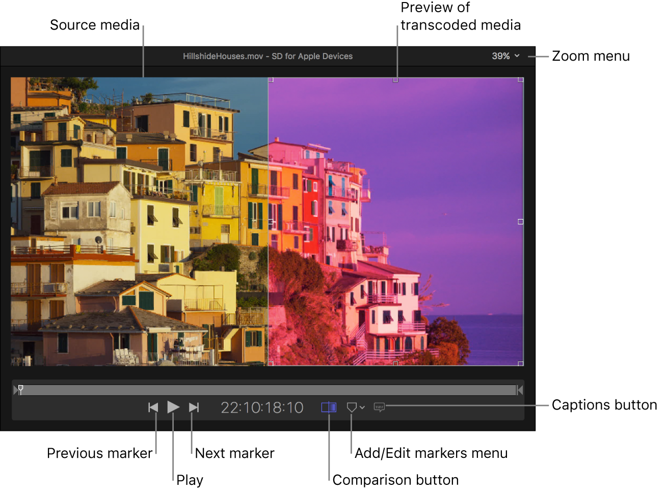 Área de vista previa mostrando los controles de reproducción y la comparación entre el contenido fuente multimedia y una vista previa del contenido multimedia transcodificado.