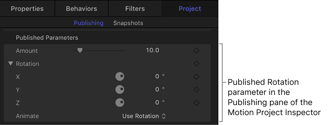 Veröffentlichter Parameter „Rotation“ im Bereich „Veröffentlichen“ des Informationsfensters „Projekt“