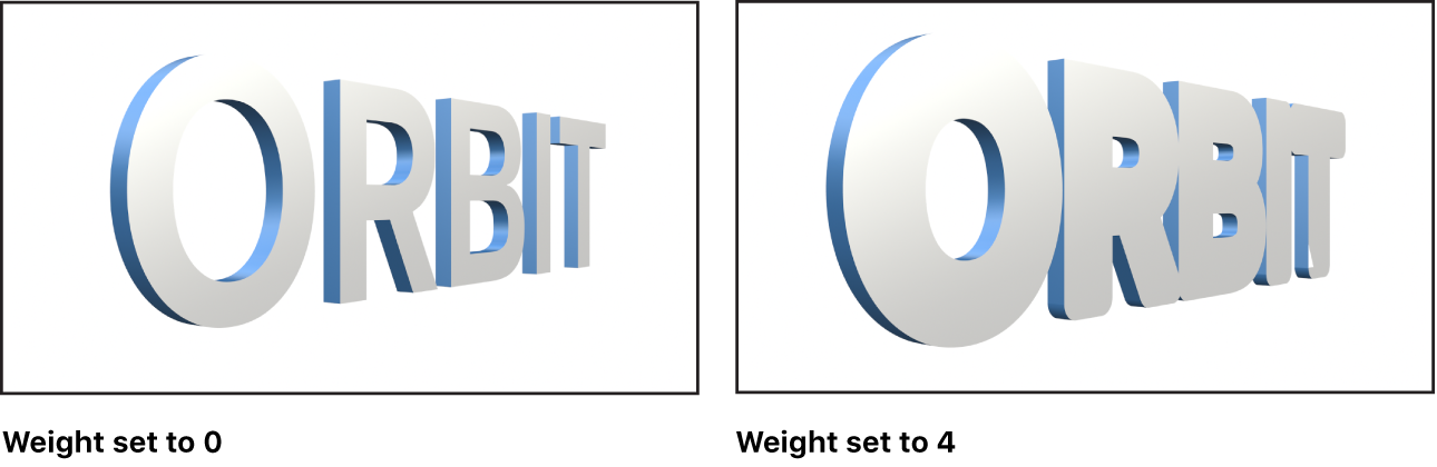 Canvas mit 3D-Text mit „Gewicht“ 0 und 3D-Text mit Gewicht 4