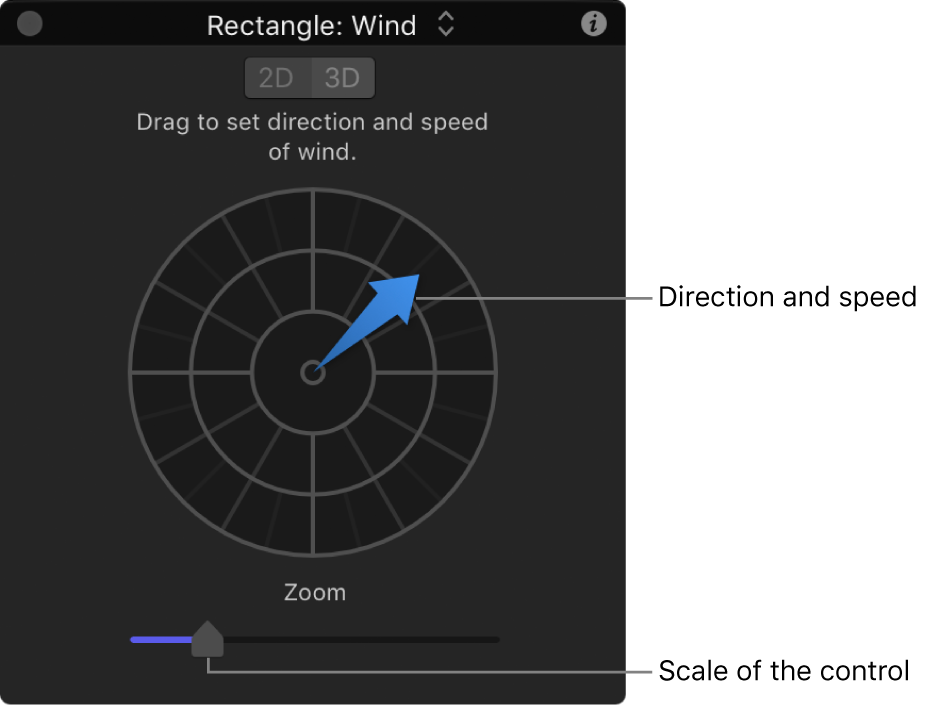 Schwebepalette mit speziellen Steuerelementen für das Verhalten „Wind“ im 2D-Modus