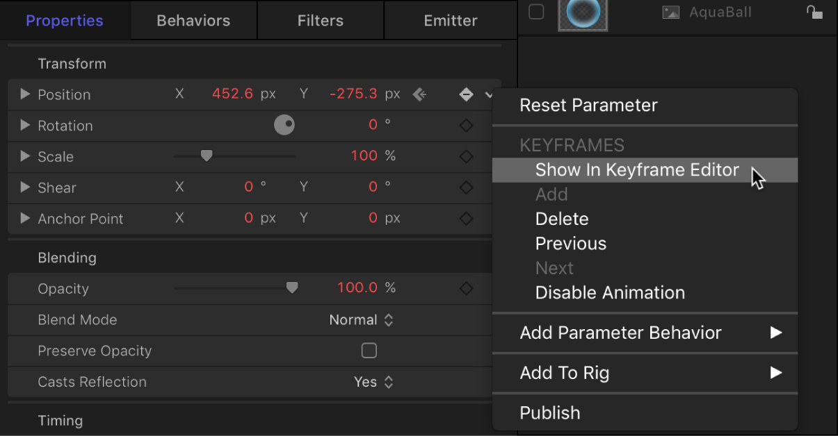 Inspector showing Show In Keyframe Editor command in Animation menu