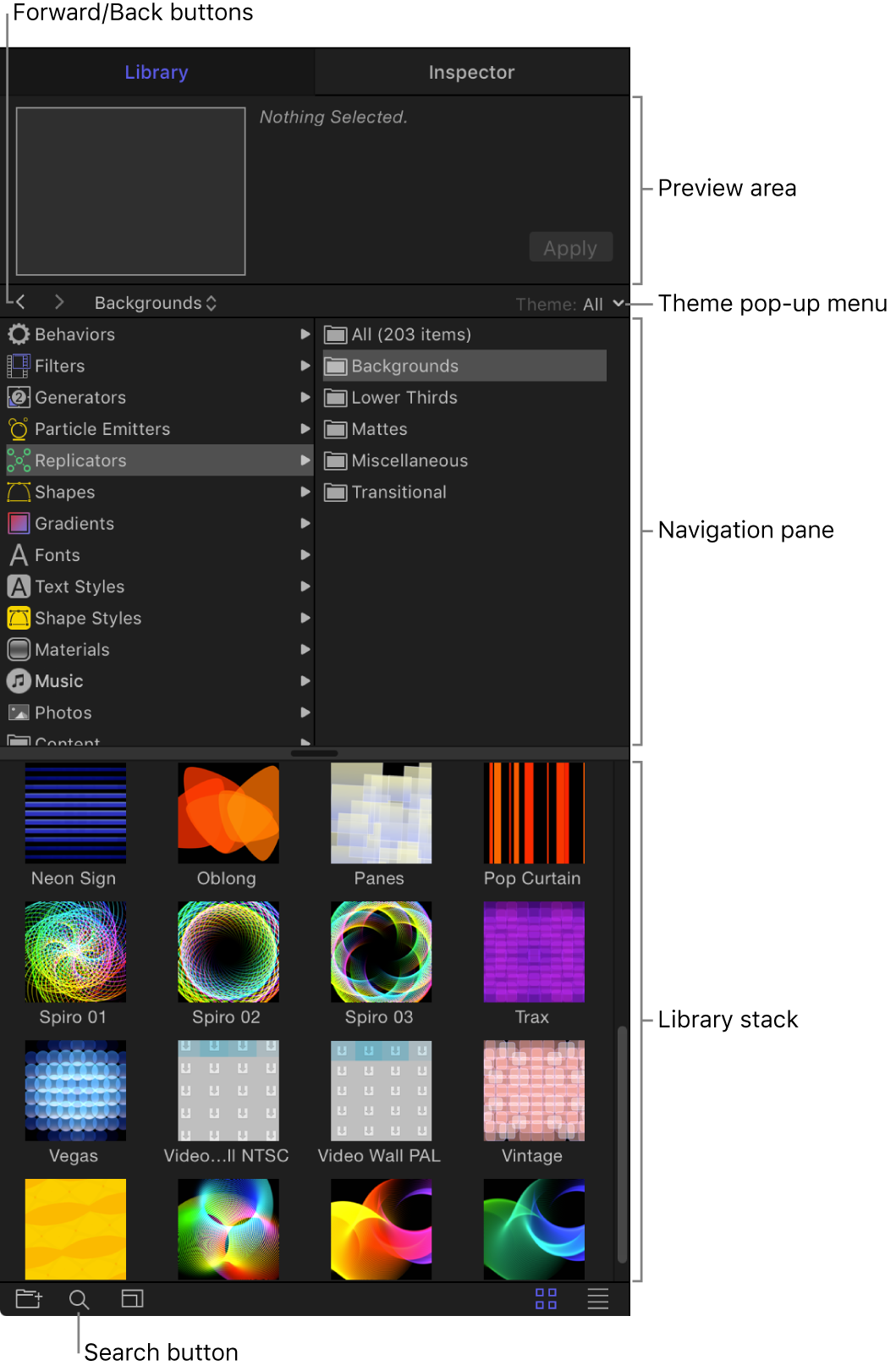 Areas of the Library: Preview area, forward and back buttons, Theme pop-up menu, navigation pane, Library stack, and the search button