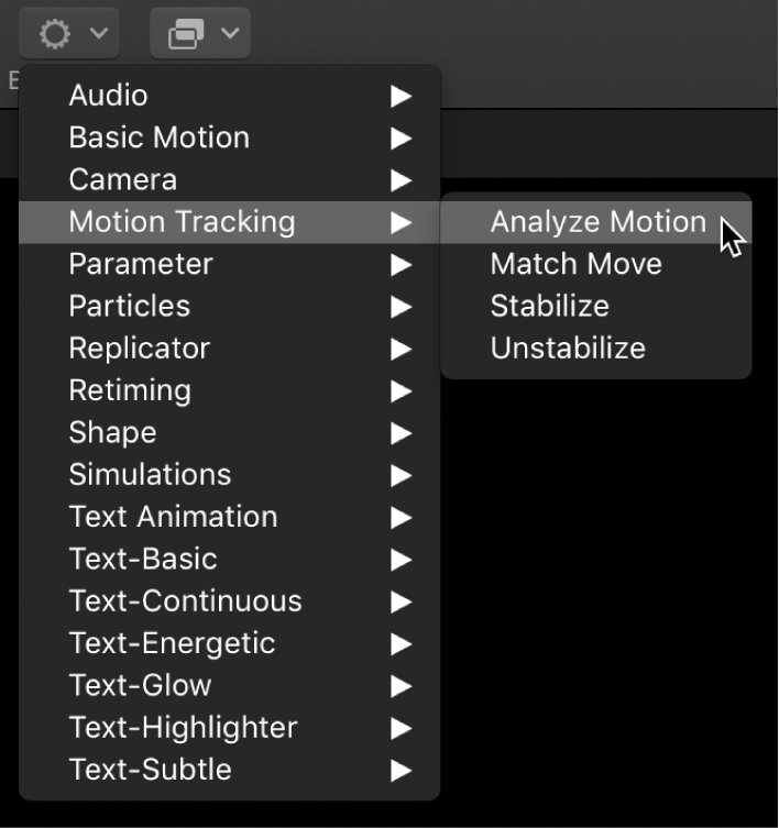 Toolbar showing Behaviors pop-up menu and Motion Tracking behaviors submenu