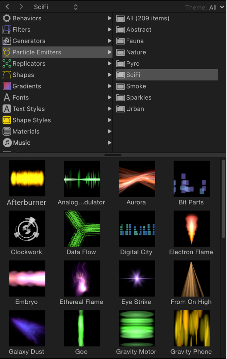 Library showing Particle Emitters categories