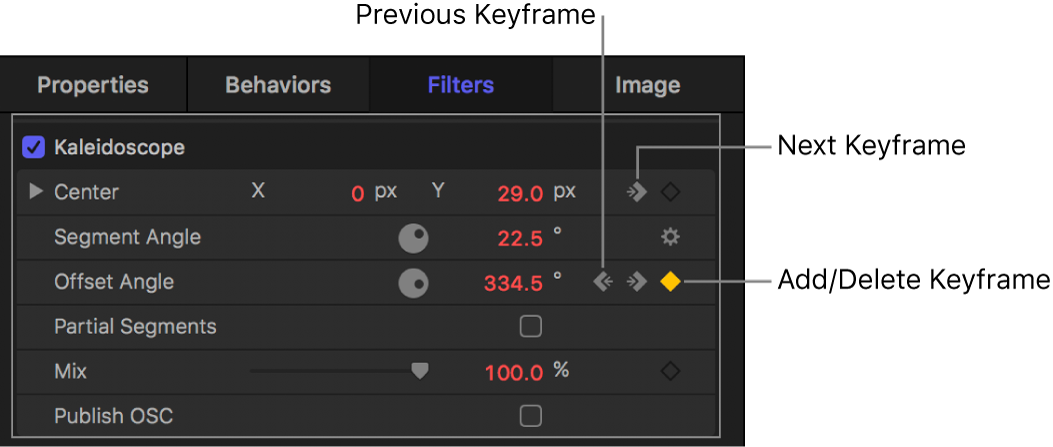 Inspector con los controles “Fotograma clave anterior”, “Añadir/Eliminar fotograma clave” y “Siguiente fotograma clave”