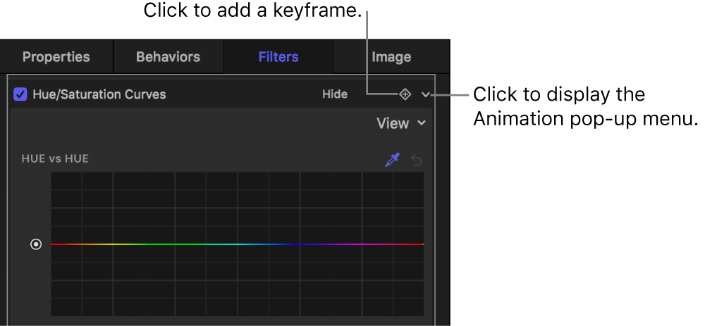 El inspector de filtros con el botón “Añadir fotograma clave” y el botón del menú desplegable Animación